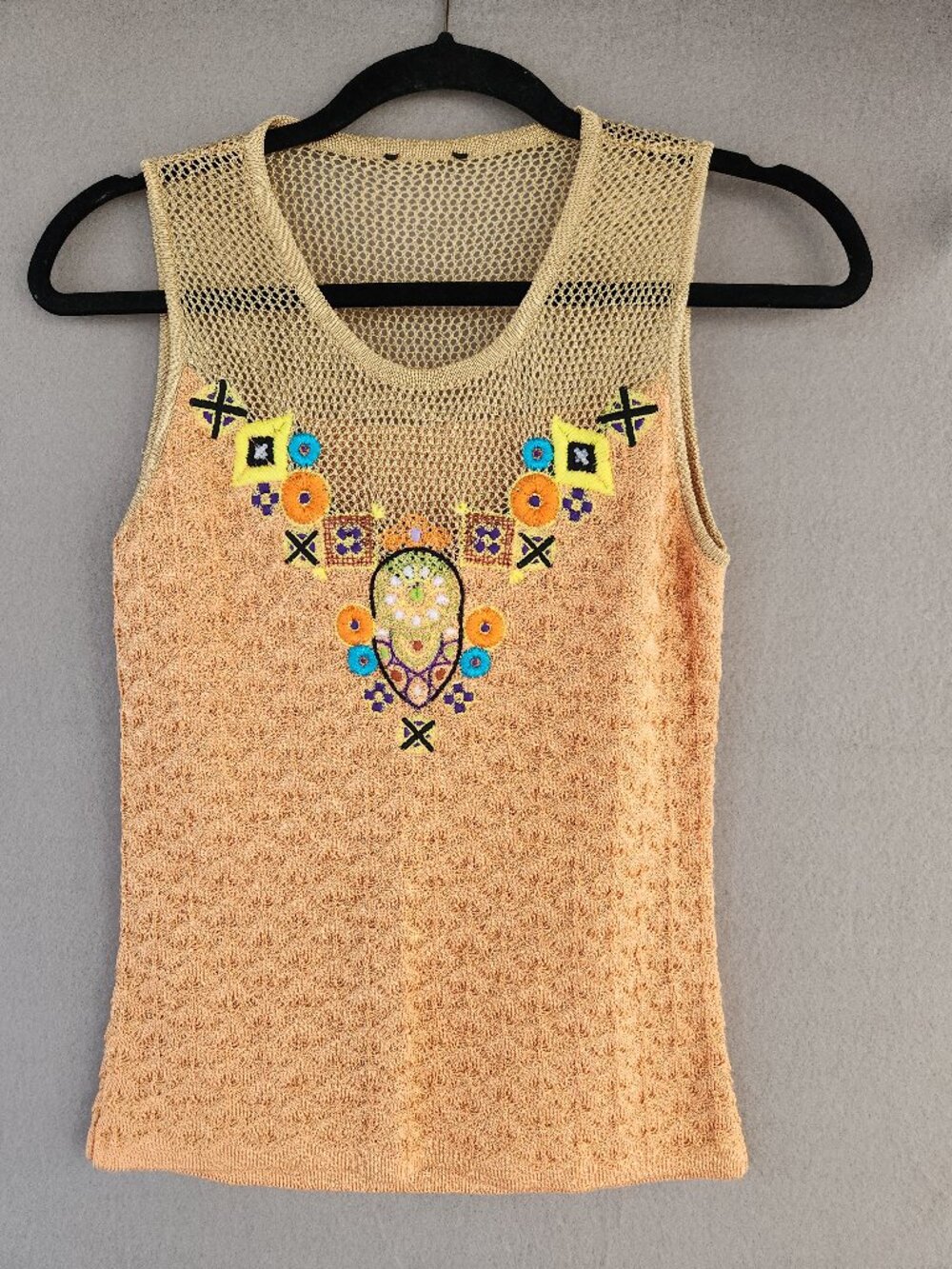 VINTAGE 1990s CHRISTIAN LACROIX BAZAR EMBROIDERED MESH TOP ORANGE